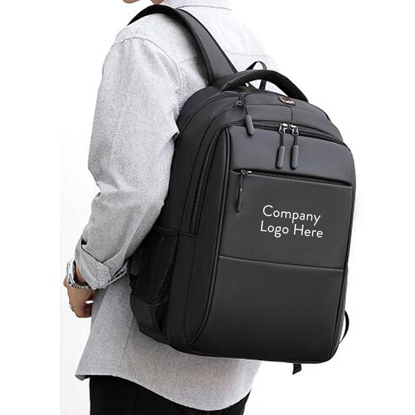 Person wearing black backpack with custom logo
